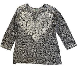 Dolma Embroidered Tunic Top Medium Paisley Black White Boho Resort Cotton Beachy